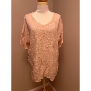 Johnny Was 100% Capra Rayon Embroidered V-Neck Top Blush Pink Sz Medium
